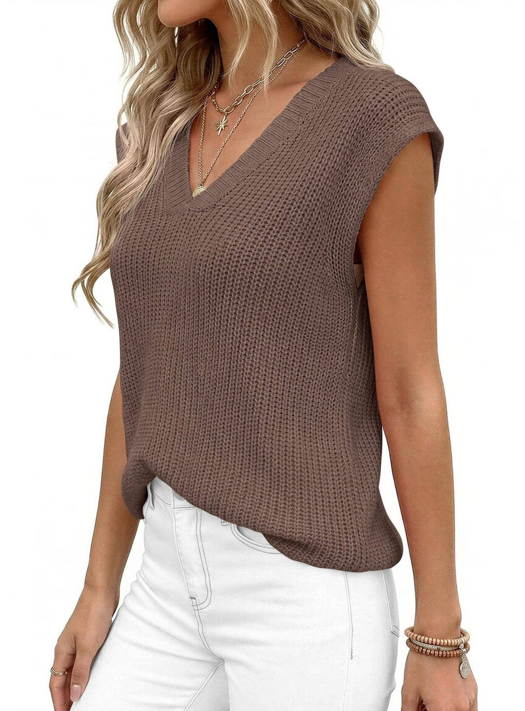 Suhkasana - V Neck Knit Sweater Vest Sleeveless Loose Summer Top