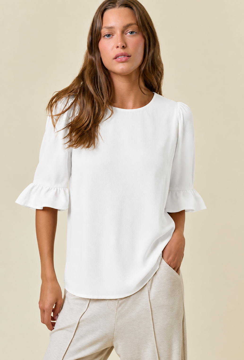 Doe & Rae - Round Neck Short Puff Sleeve Blouse