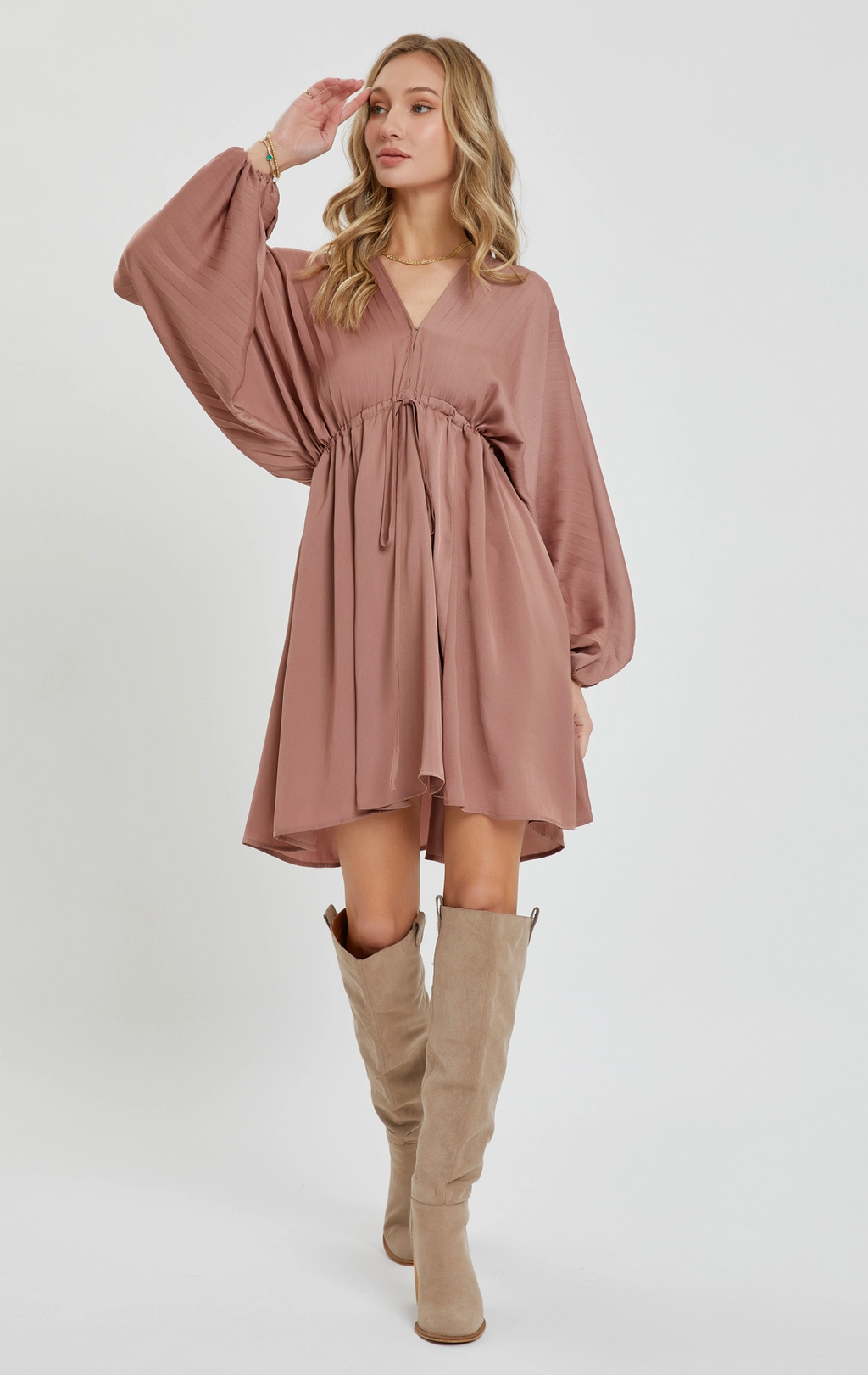 Sweet Lovely by Jen - SATIN V NECK PLEATED DRESS