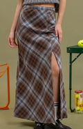 Blu Pepper - SIDE SLIT TARTAN PLAID MAXI SKIRT: BROWN MULTI