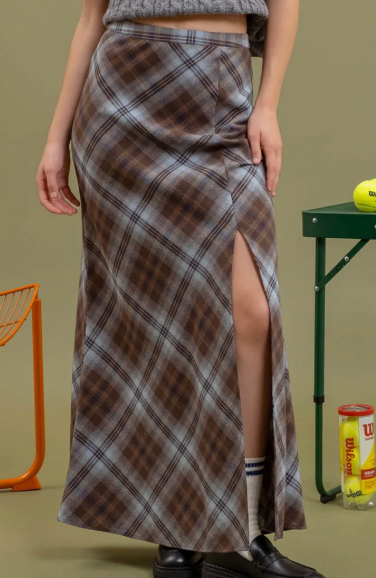 Blu Pepper - SIDE SLIT TARTAN PLAID MAXI SKIRT: BROWN MULTI