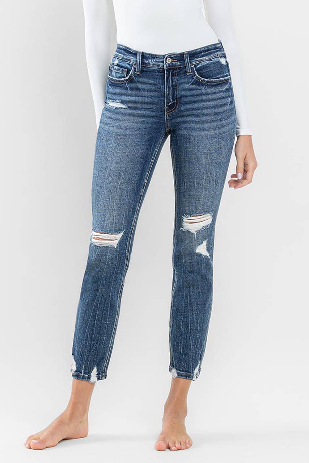 FLYING MONKEY - MID RISE DISTRESSED CROP SLIM STRAIGHT JEANS F5297