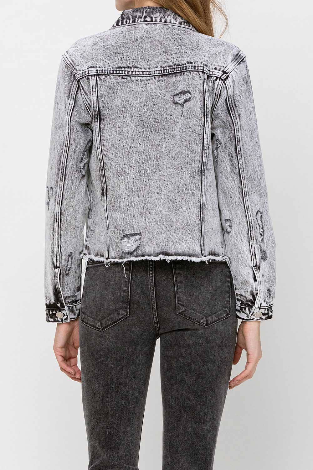 VERVET by FLYING MONKEY - DISTRESSED BLACK ACID WASH CLASSIC CROP JACKET VT1156