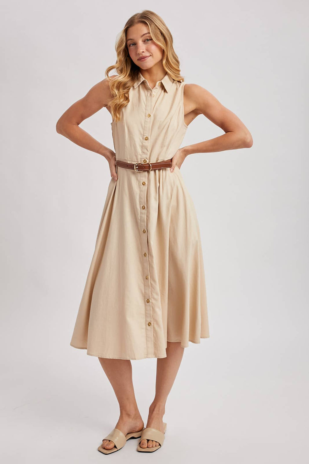 Bluivy - BUTTON DOWN SLEEVELESS BELTED SHIRT MIDI DRESS