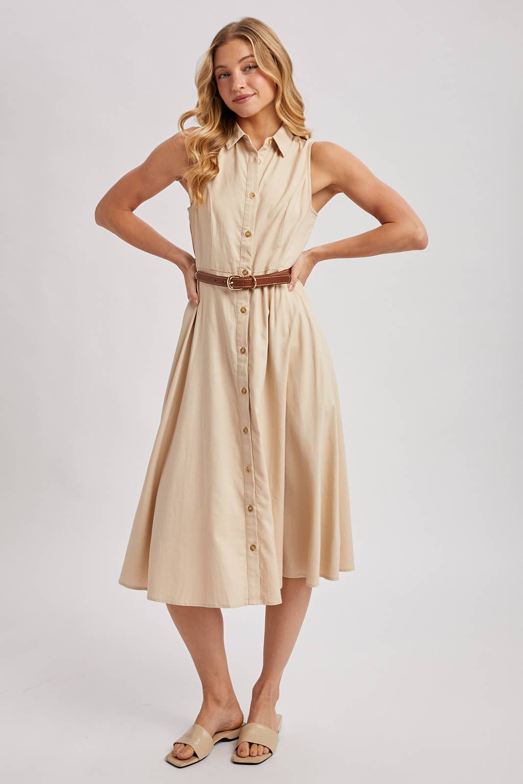 Bluivy - BUTTON DOWN SLEEVELESS BELTED SHIRT MIDI DRESS