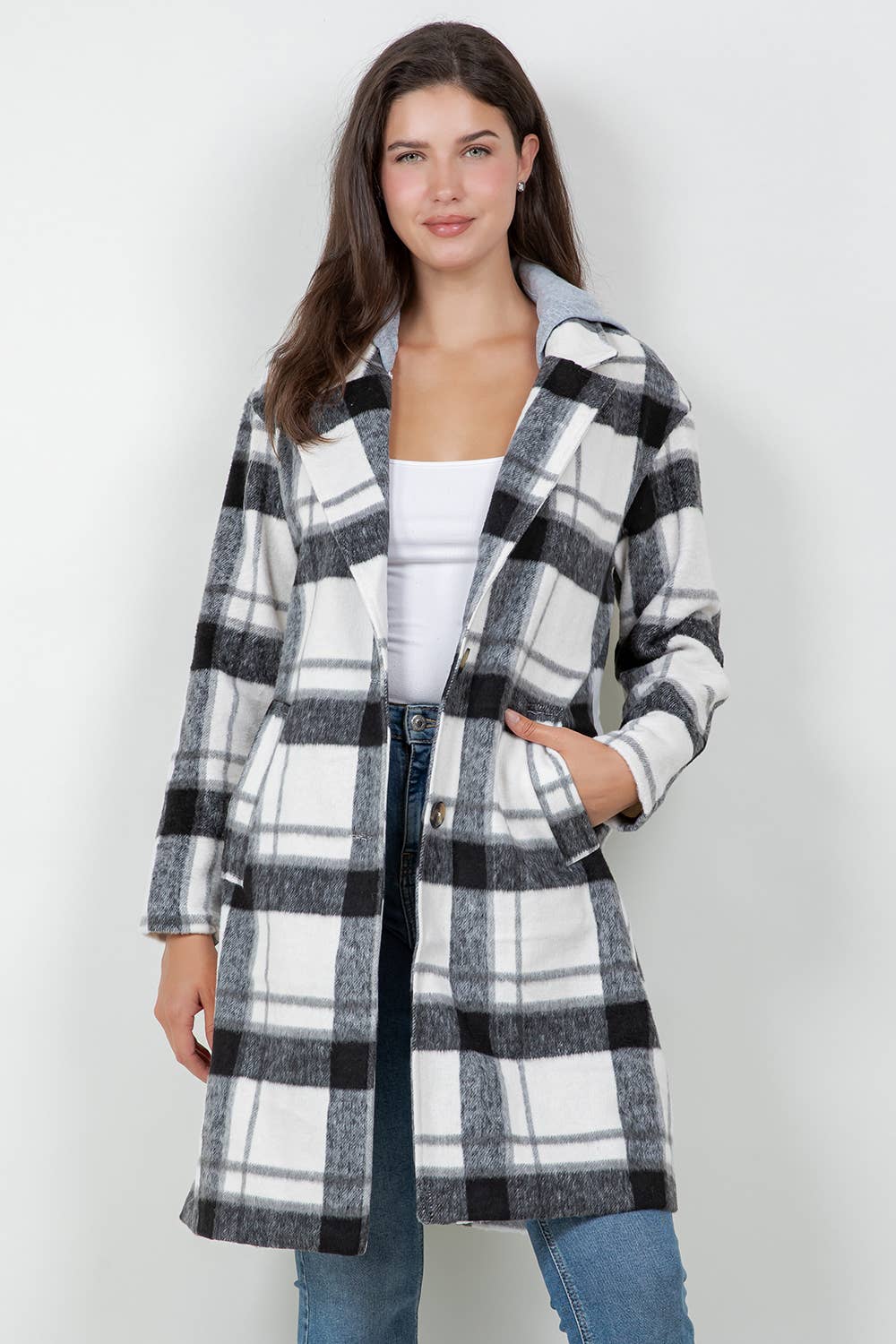 Veracci - Oversized Woolen Plaid Coat / Jacket with detachable Hood