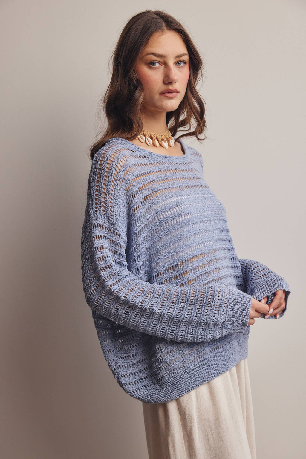 Forte - Open-Knit Stripe Sweater Top FSW0056