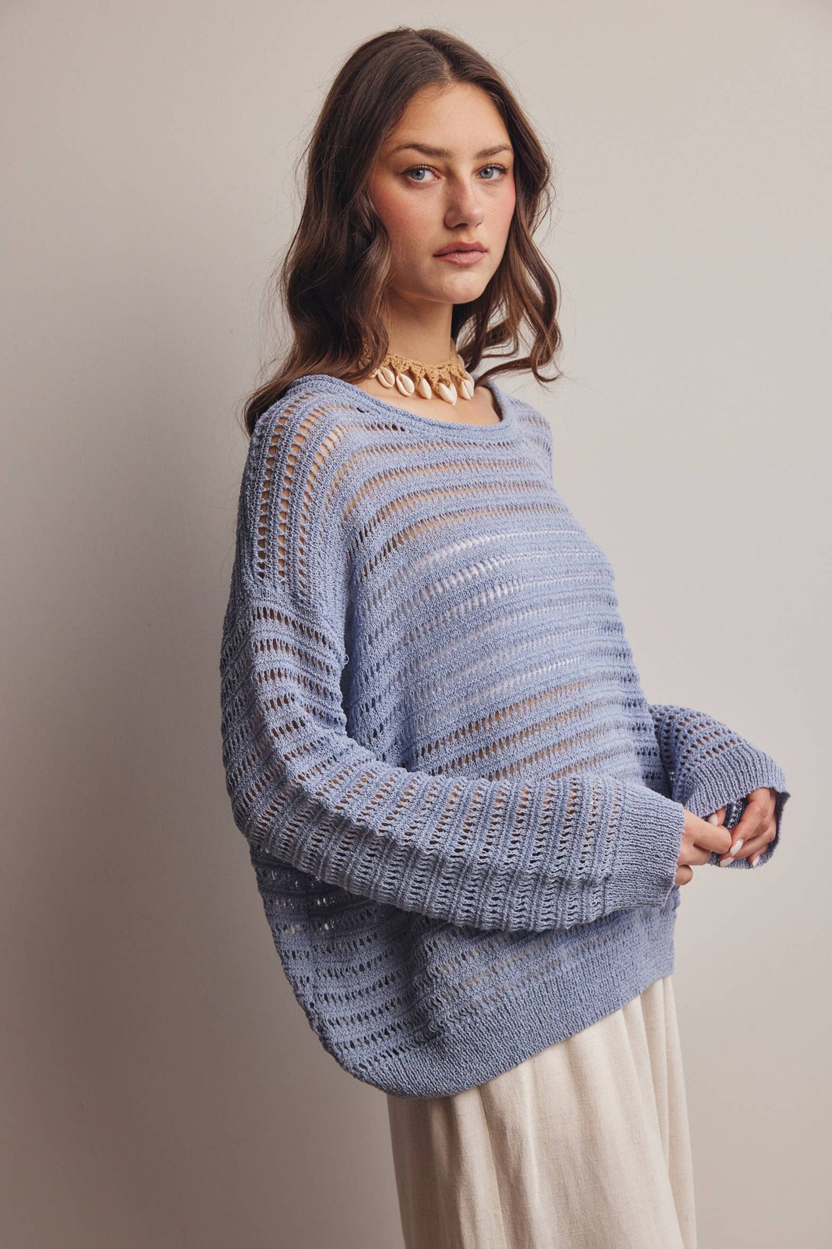 Forte - Open-Knit Stripe Sweater Top FSW0056