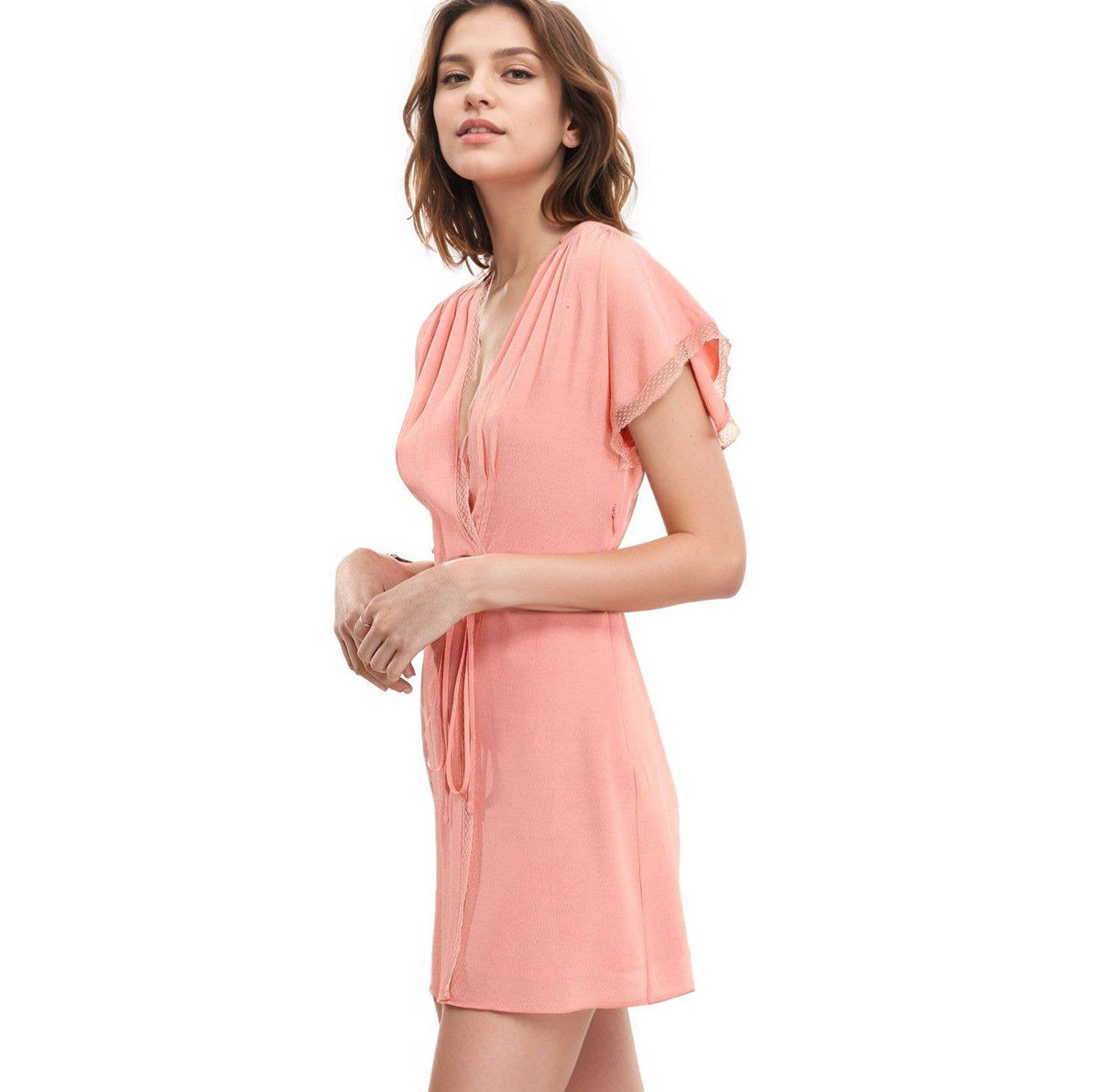 Robin K - Nurode's Lace Trim Wrap Dress in Coral