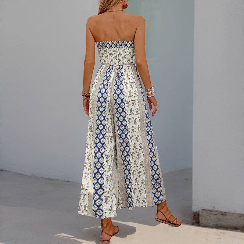 Suhkasana - Boho Strapless Smocked Jumpsuit with Wide-Leg Flare Pants