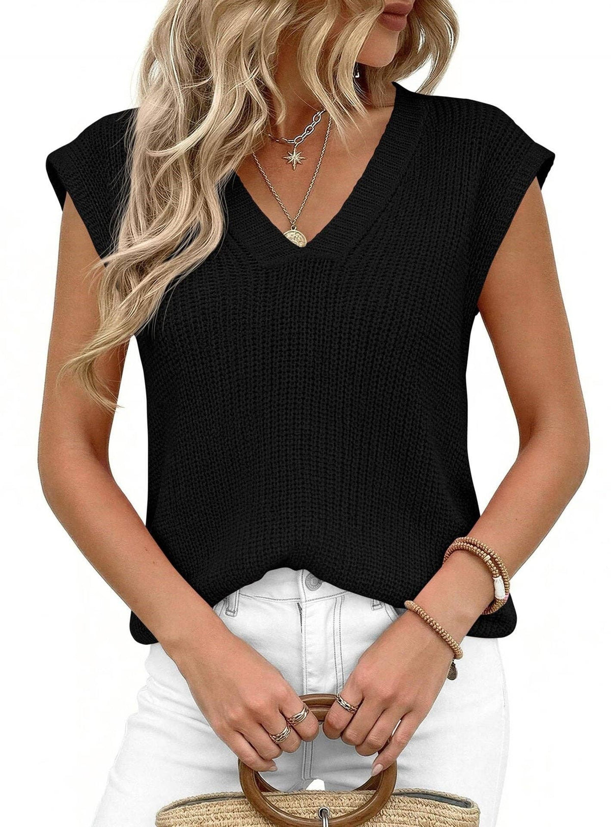 Suhkasana - V Neck Knit Sweater Vest Sleeveless Loose Summer Top