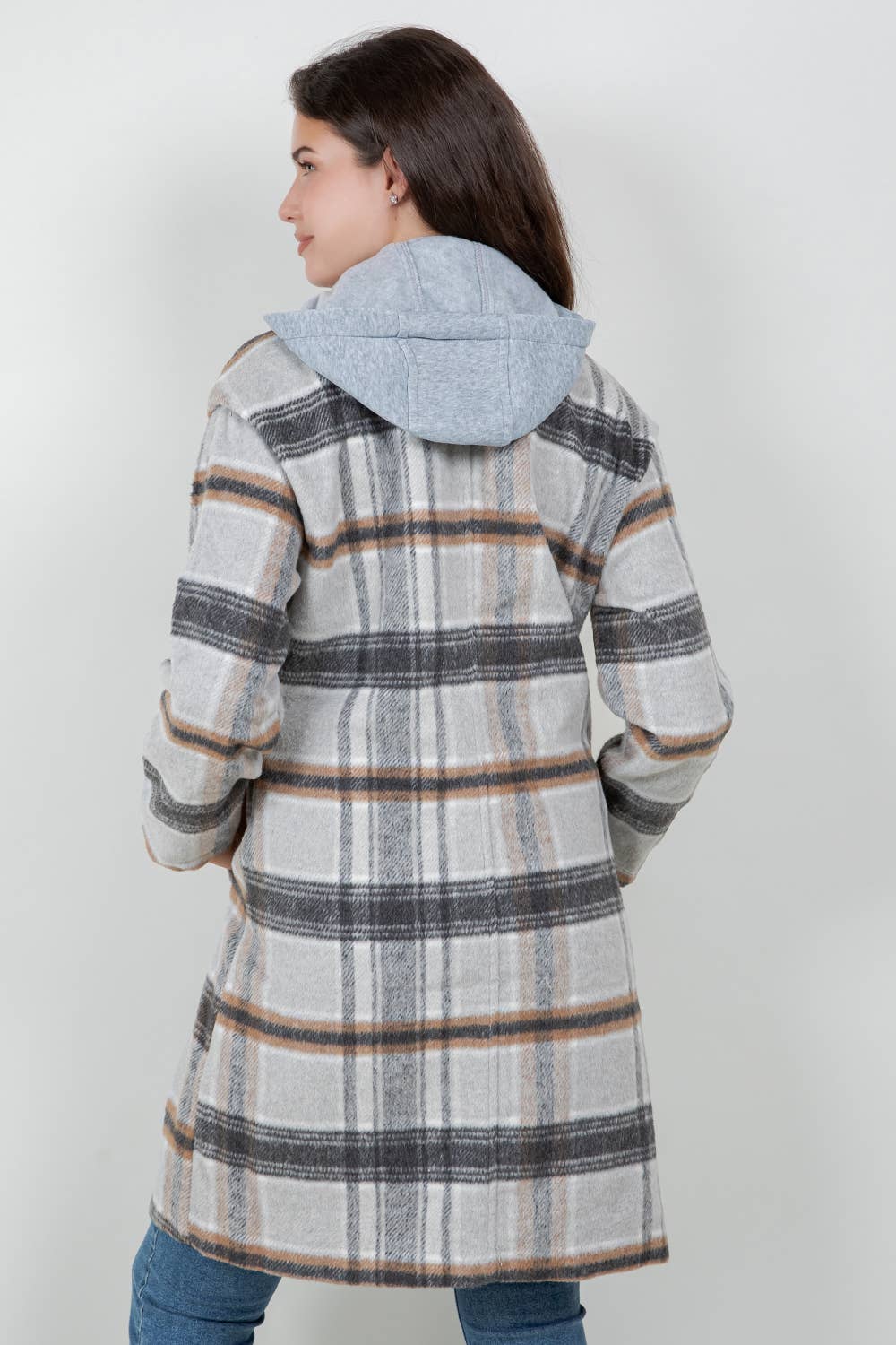 Veracci - Oversized Woolen Plaid Coat / Jacket with detachable Hood