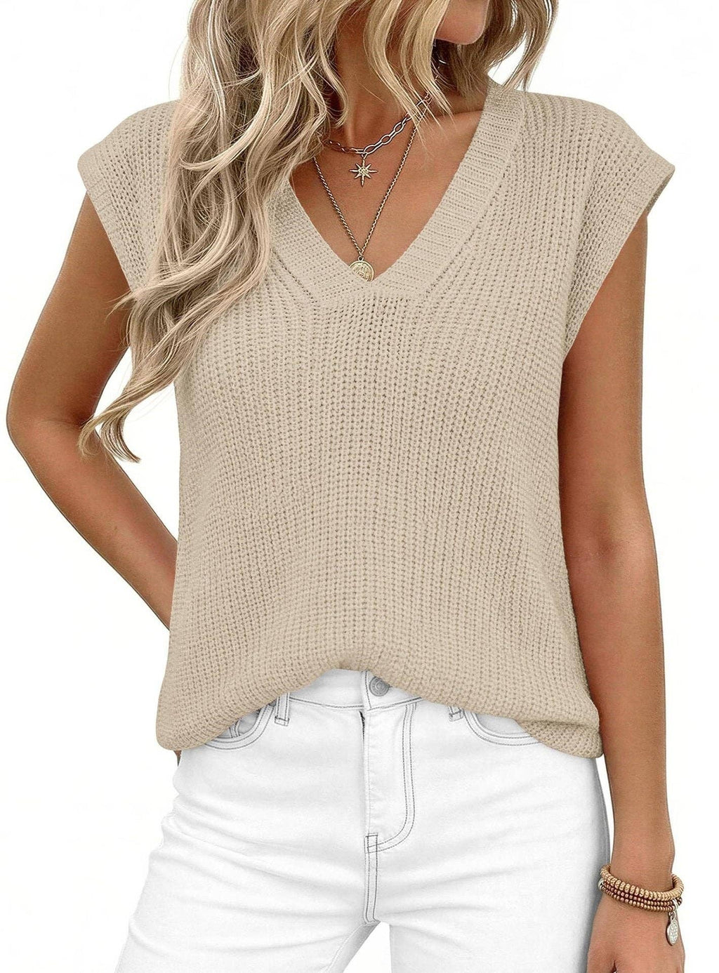 Suhkasana - V Neck Knit Sweater Vest Sleeveless Loose Summer Top