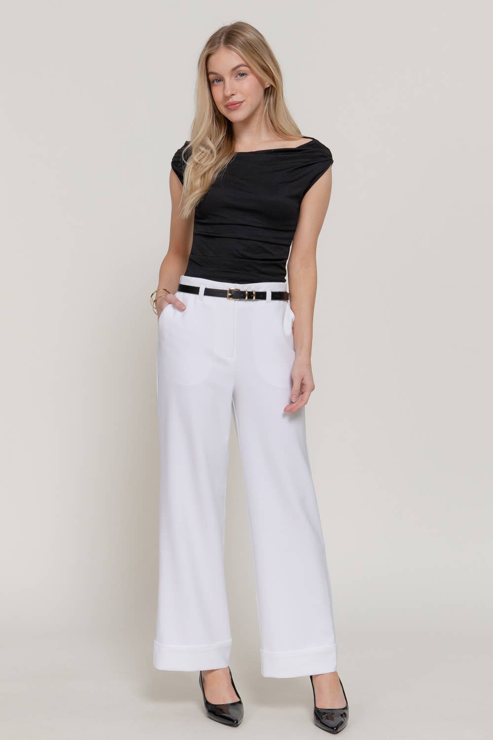 Belted Straight Pants with Cuffed Hem