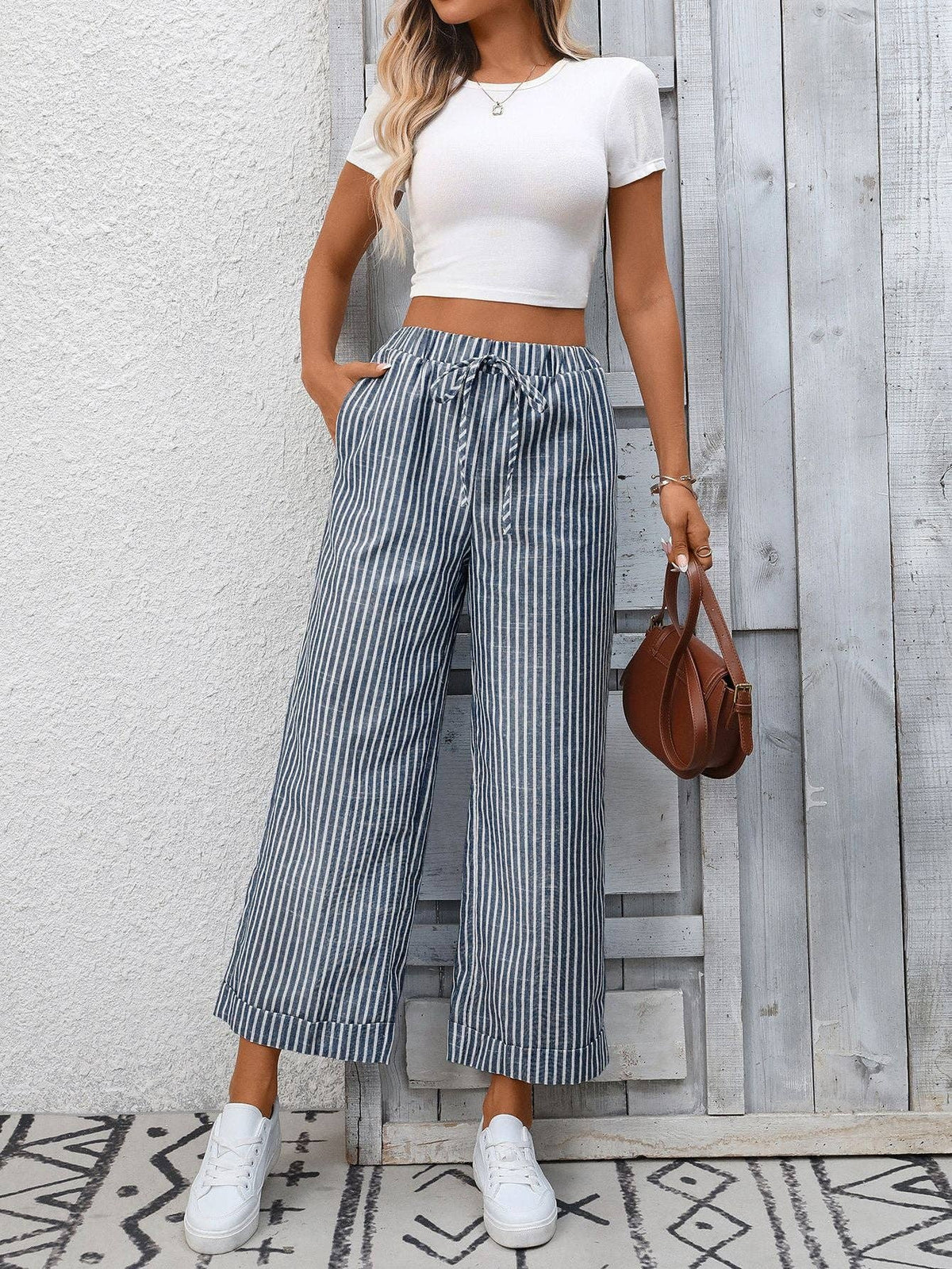 Suhkasana - Striped High Waist Wide Leg Pants Casual Summer