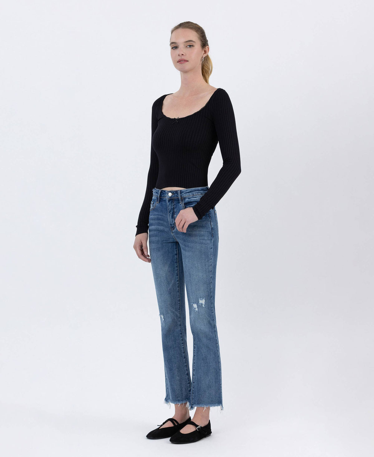 Lovervet by VERVET - MID RISE FRAYED HEM ANKLE BOOTCUT JEANS LV1212