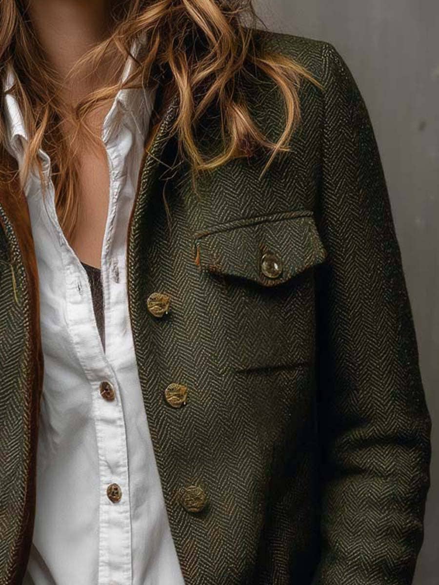 Suhkasana - Women Herringbone Tweed Blazer Velvet Trim Vintage Jacket