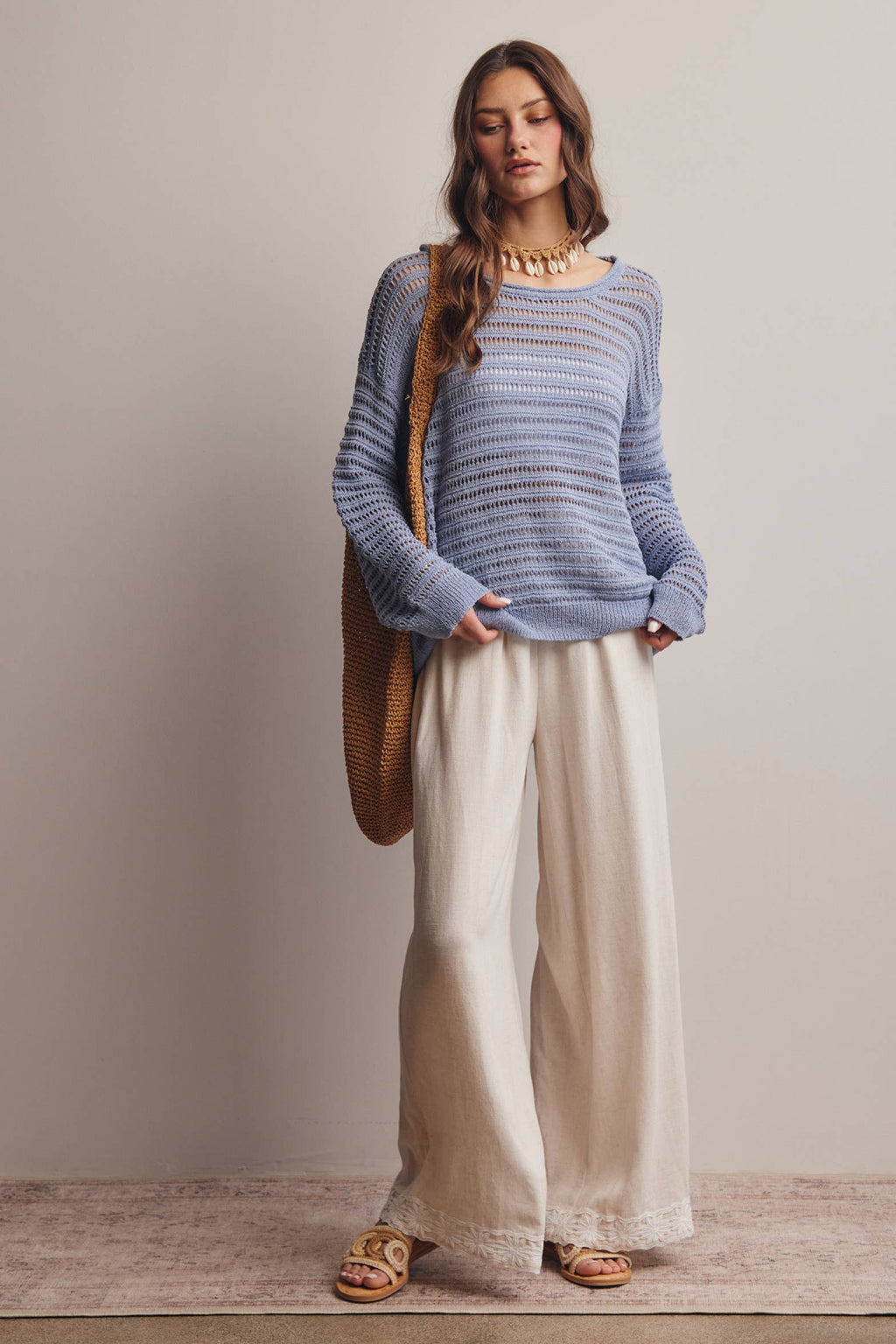 Forte - Open-Knit Stripe Sweater Top FSW0056