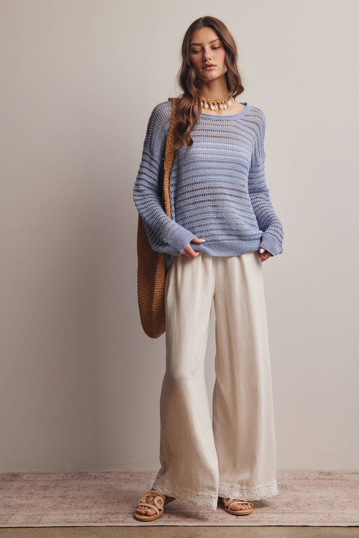 Forte - Open-Knit Stripe Sweater Top FSW0056