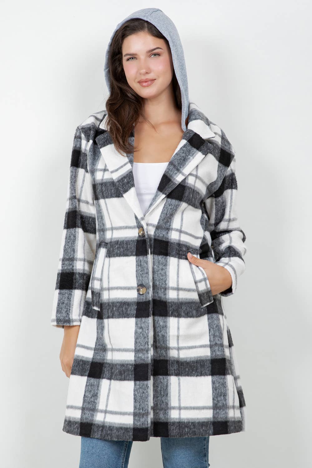 Veracci - Oversized Woolen Plaid Coat / Jacket with detachable Hood