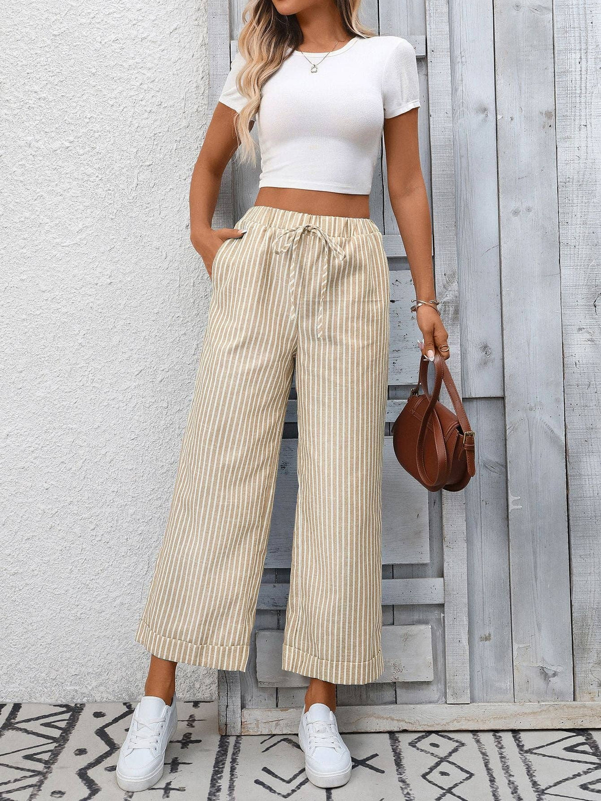 Suhkasana - Striped High Waist Wide Leg Pants Casual Summer