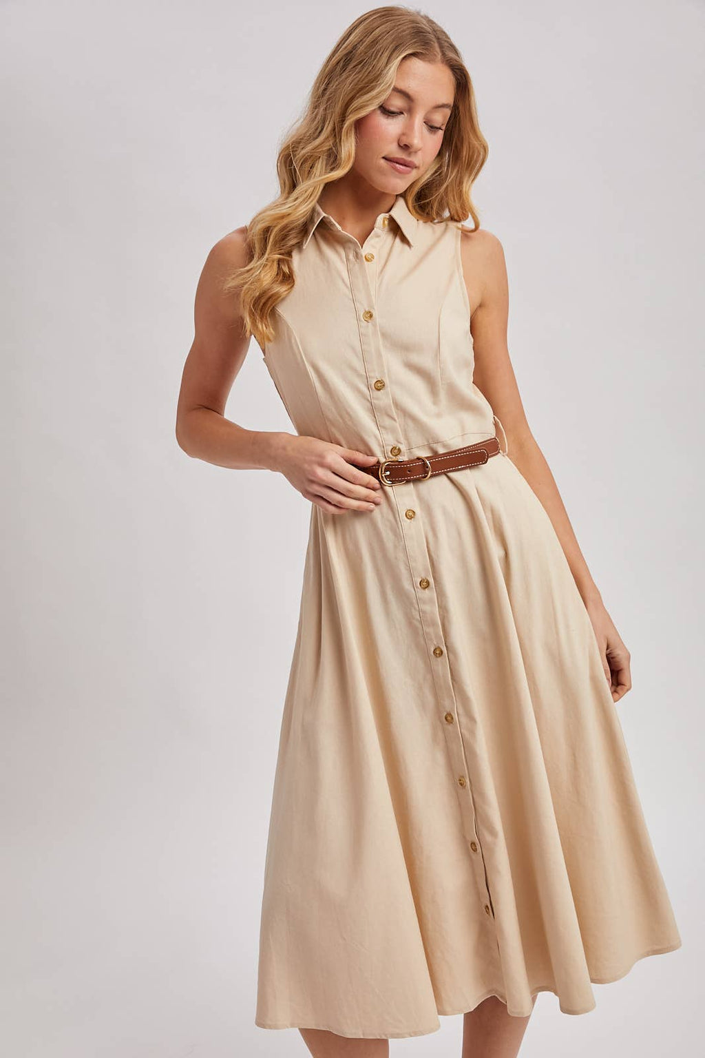 Bluivy - BUTTON DOWN SLEEVELESS BELTED SHIRT MIDI DRESS