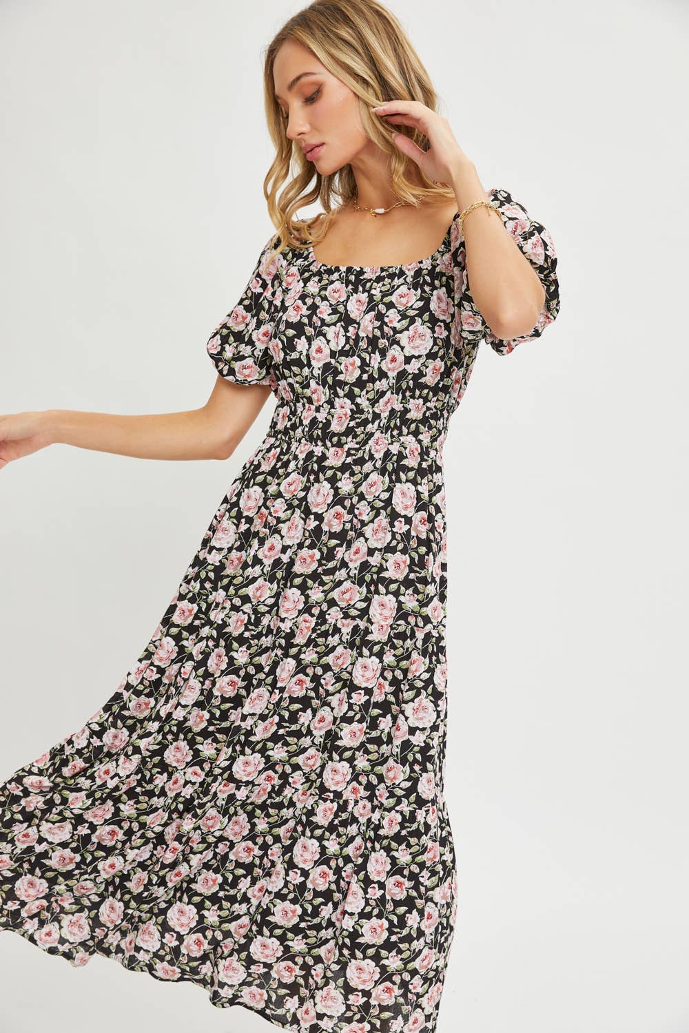 Sweet Lovely by Jen - ROMANTIC FLORAL ELASTIC WAIST MIDI DRESS