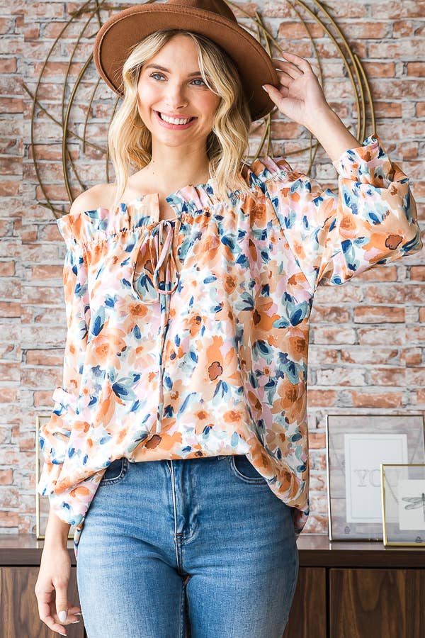 Floral Print Ruffle Neck Blouse for Women T5226