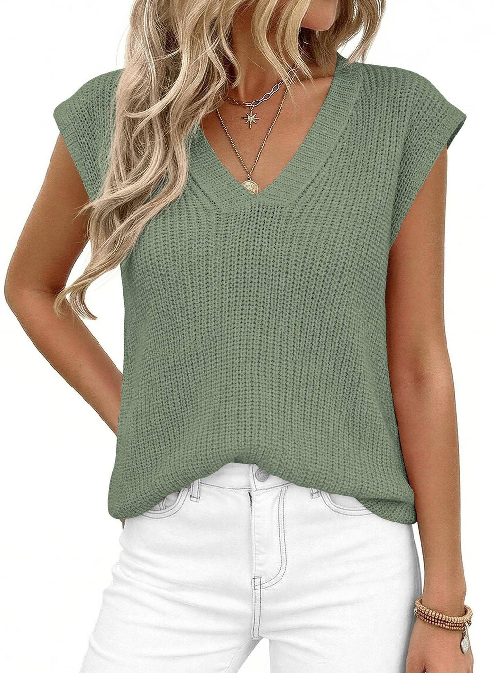 Suhkasana - V Neck Knit Sweater Vest Sleeveless Loose Summer Top