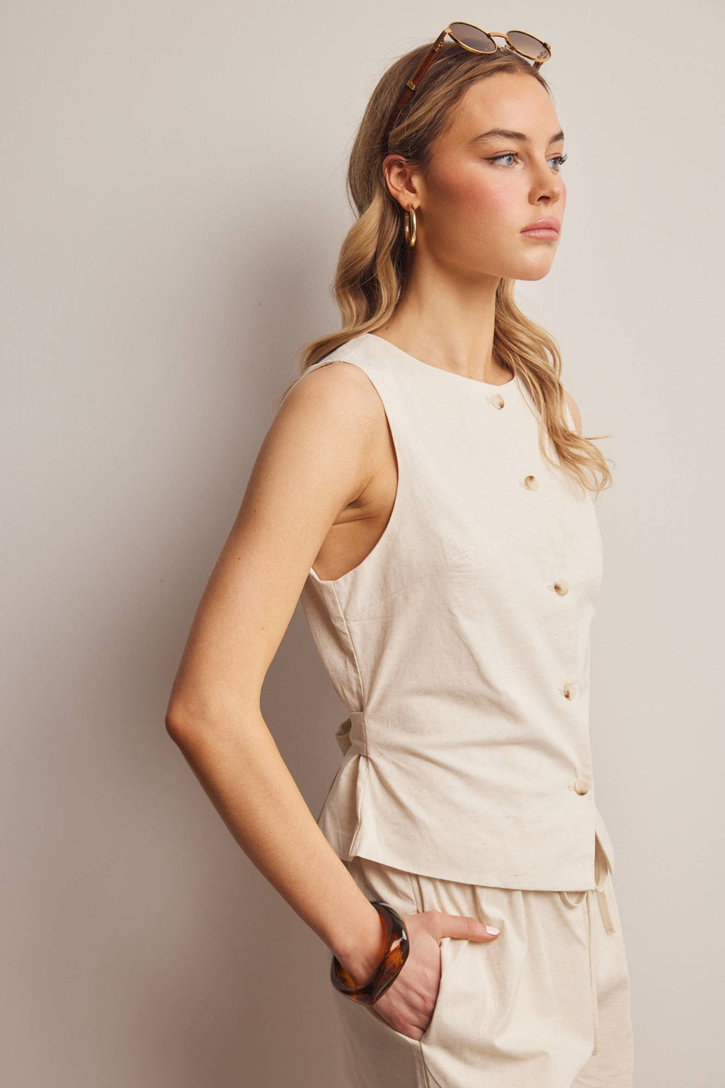 Forte - Linen Blend Button-Front Vest Top FVT0007
