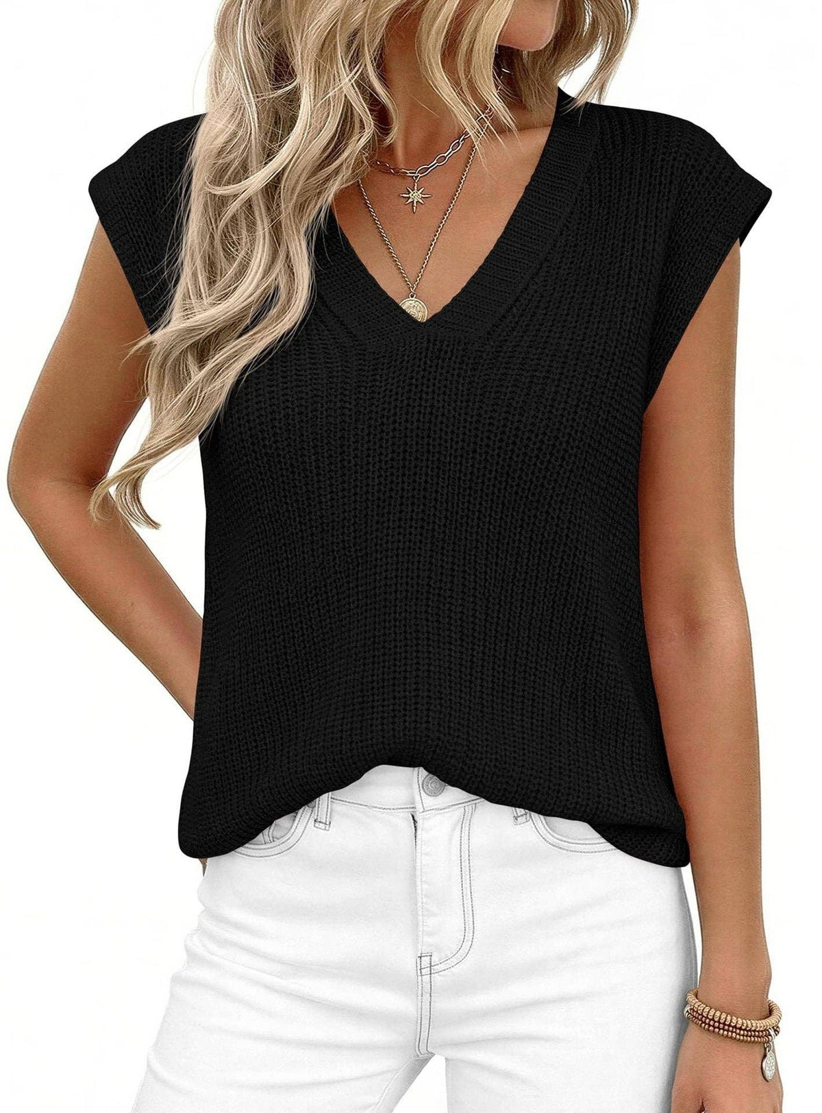 Suhkasana - V Neck Knit Sweater Vest Sleeveless Loose Summer Top