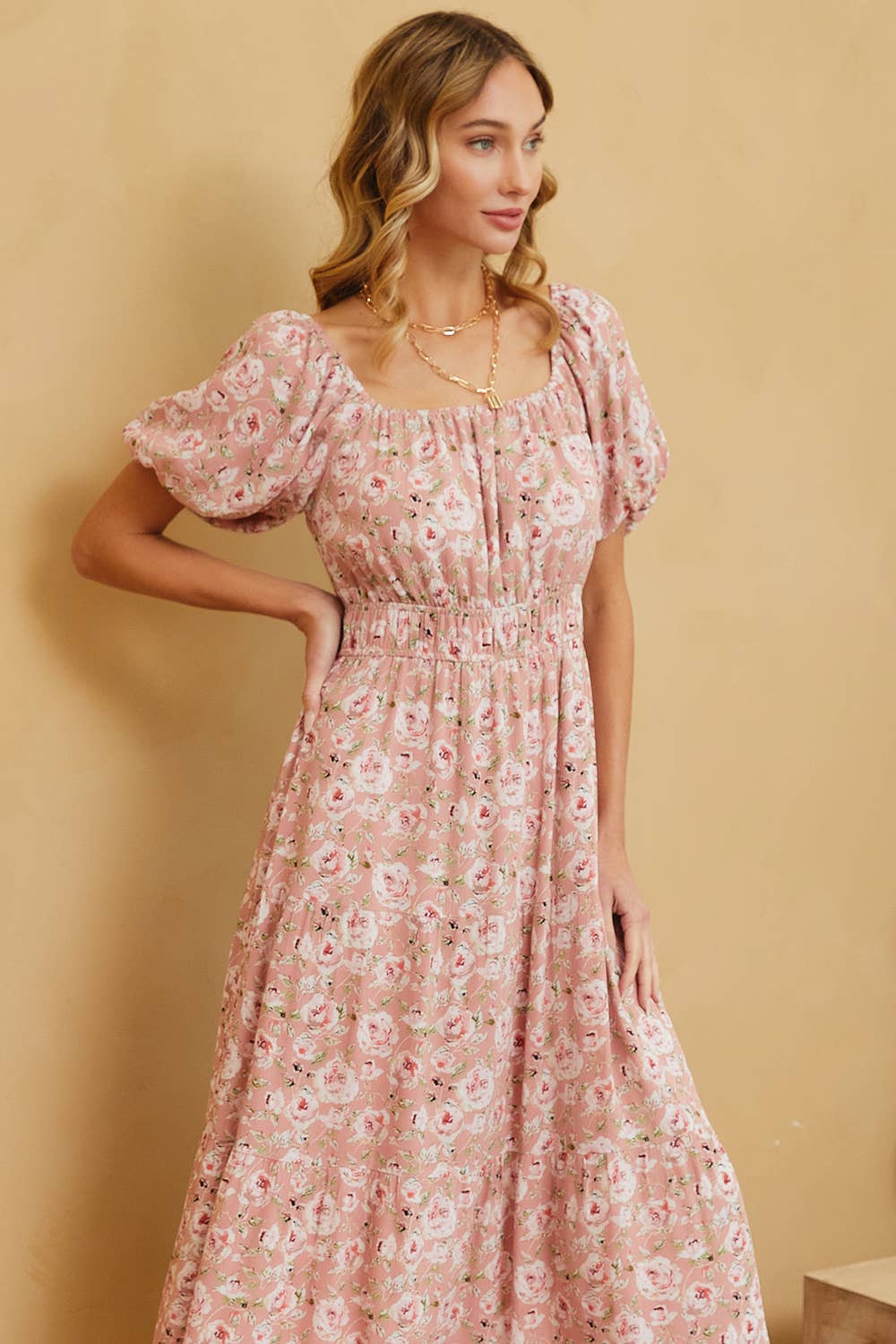 Sweet Lovely by Jen - ROMANTIC FLORAL ELASTIC WAIST MIDI DRESS