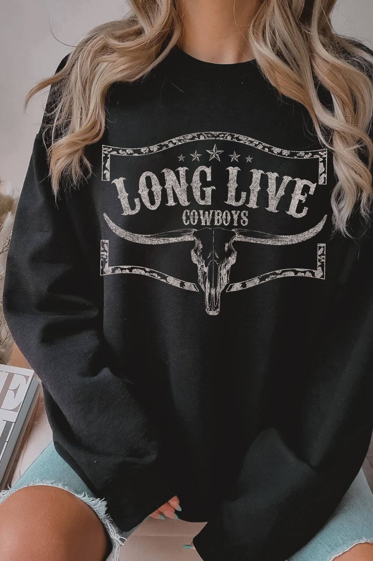 Rustee Clothing - LONG LIVE COWBOYS COW SKULL GRAPHIC BRUSHED SWEATSHIRTS