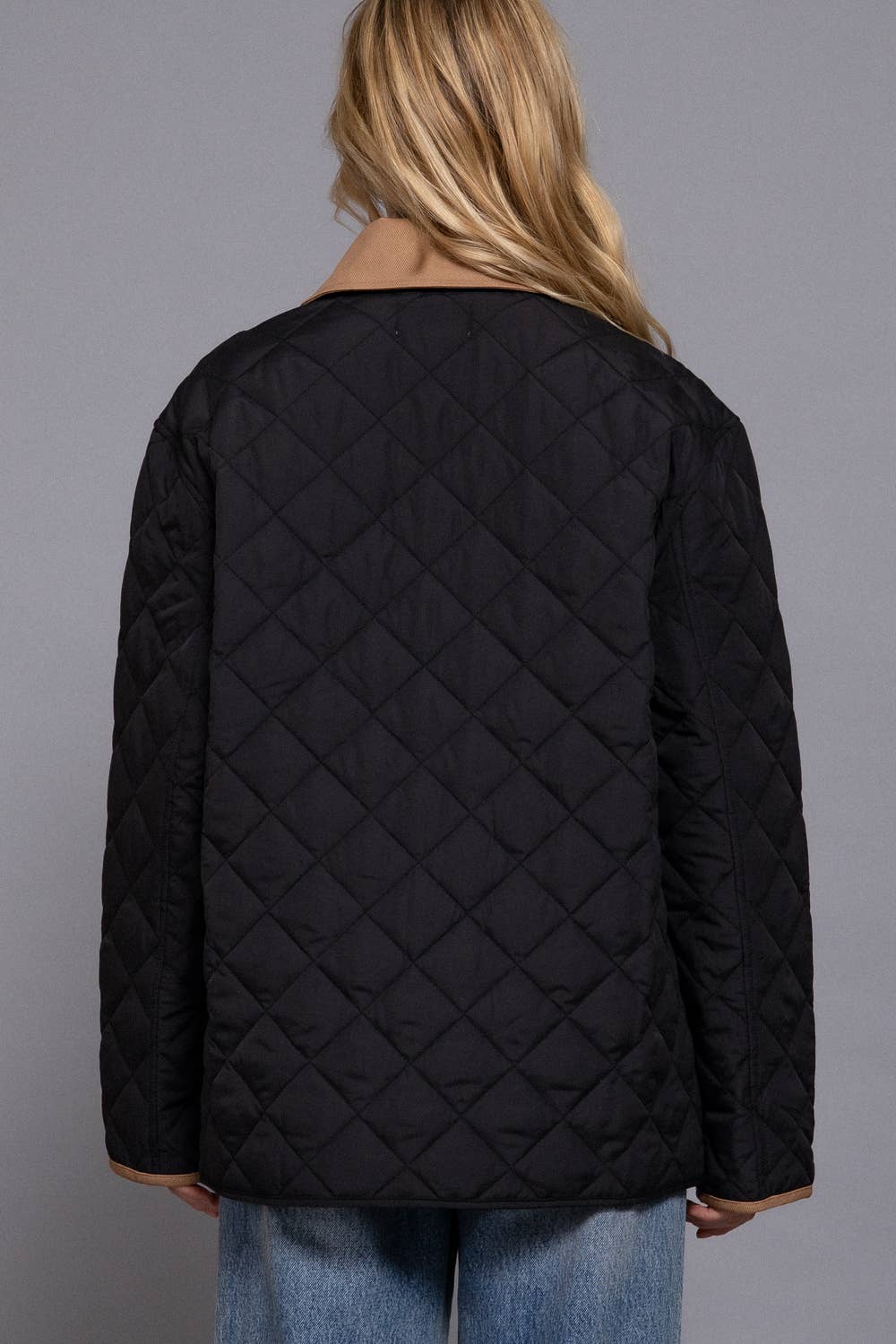 Long Sleeve Contrast Lapel Collar Quilted Puffer Work Jacket