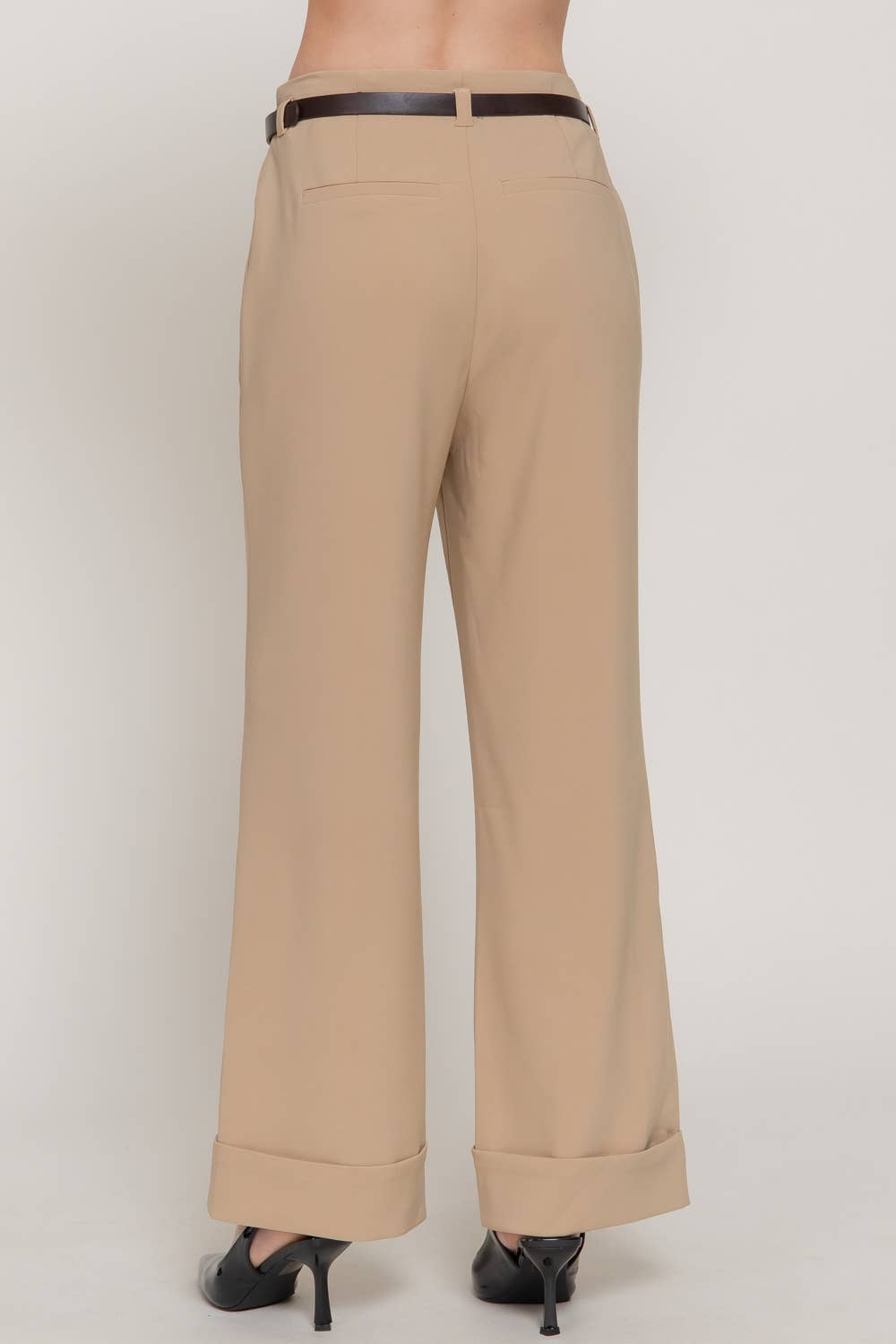Belted Straight Pants with Cuffed Hem