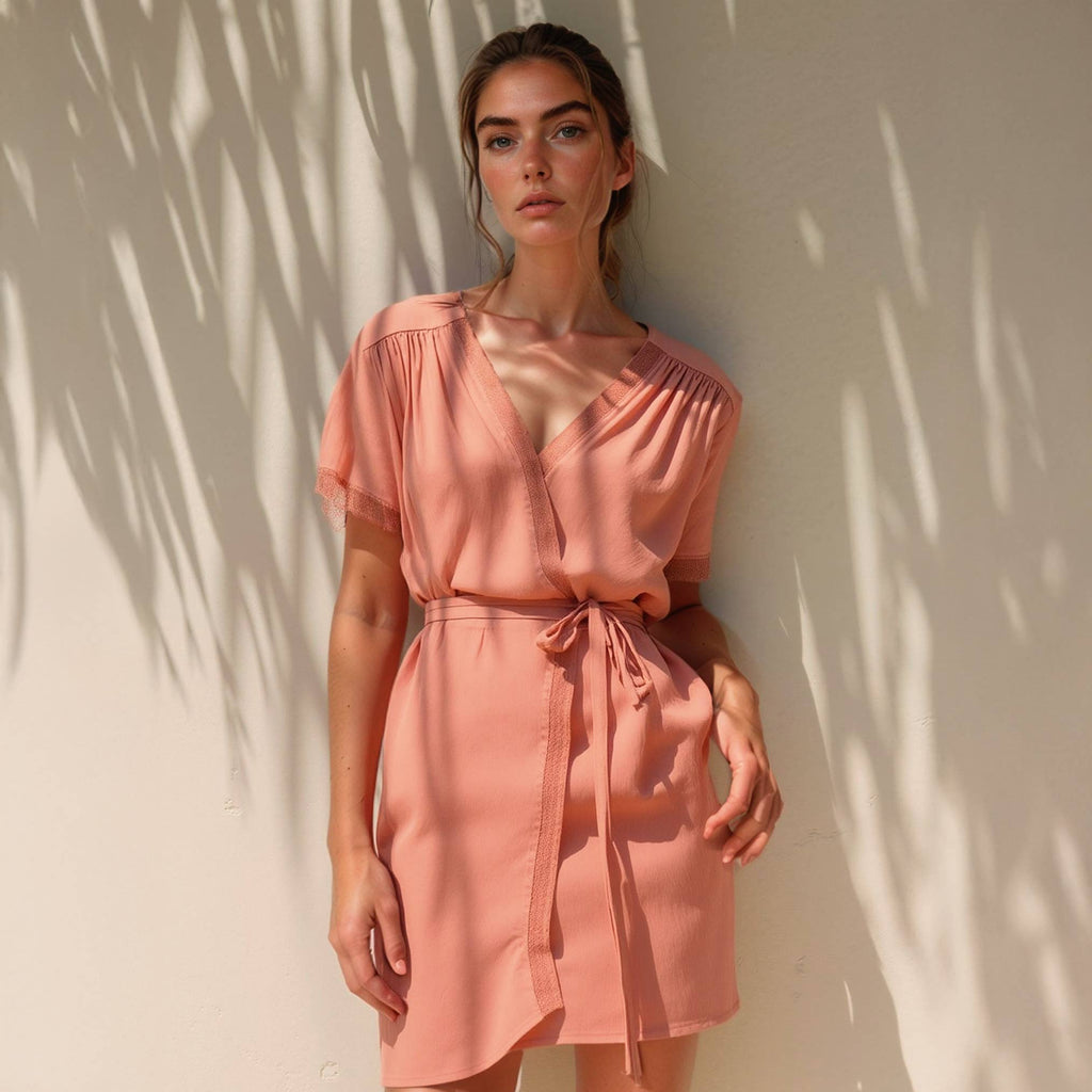Robin K - Nurode's Lace Trim Wrap Dress in Coral