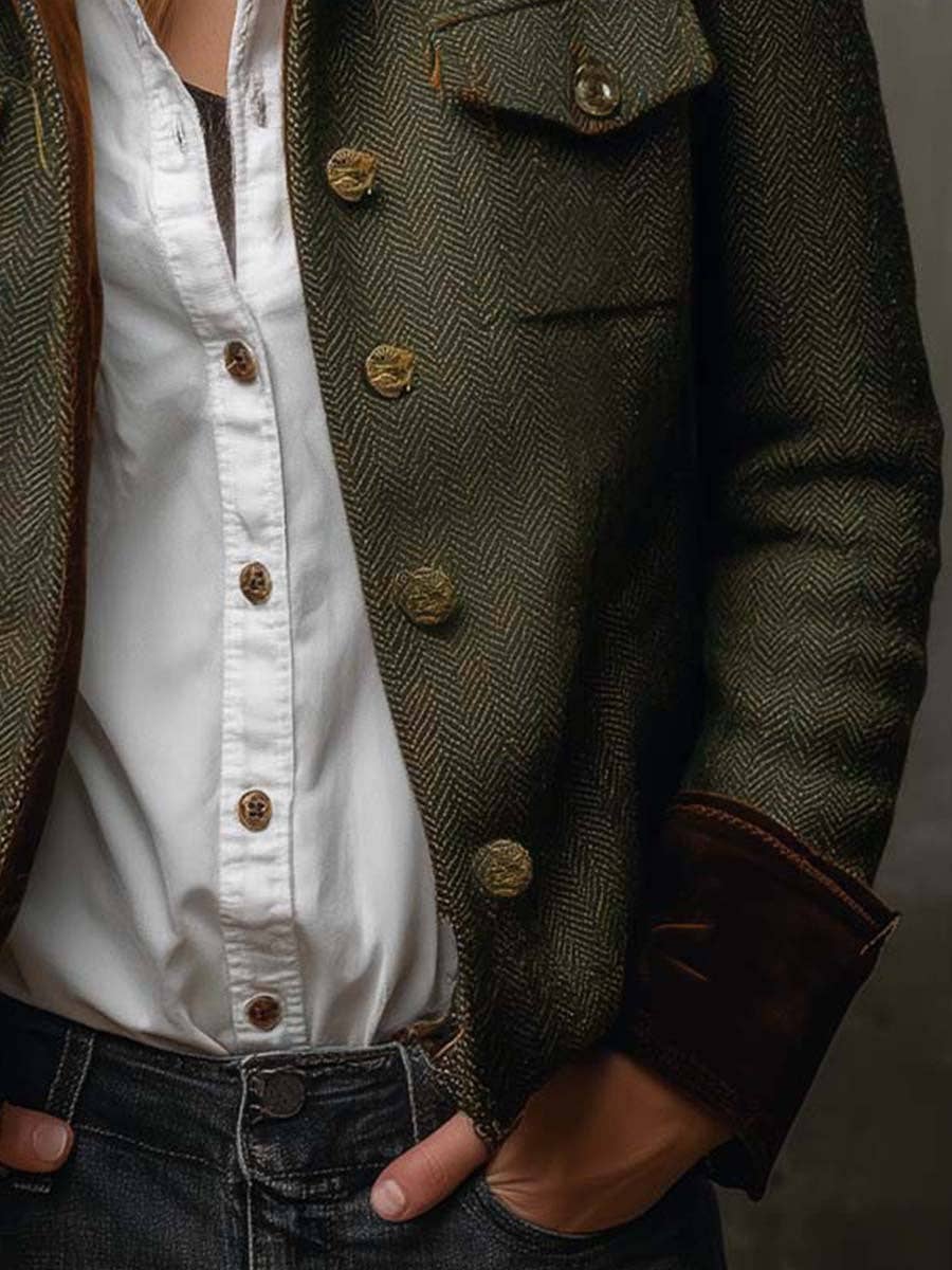 Suhkasana - Women Herringbone Tweed Blazer Velvet Trim Vintage Jacket
