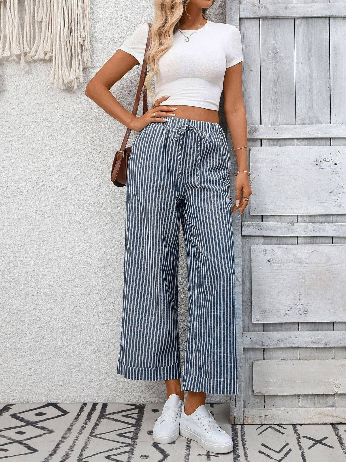 Suhkasana - Striped High Waist Wide Leg Pants Casual Summer