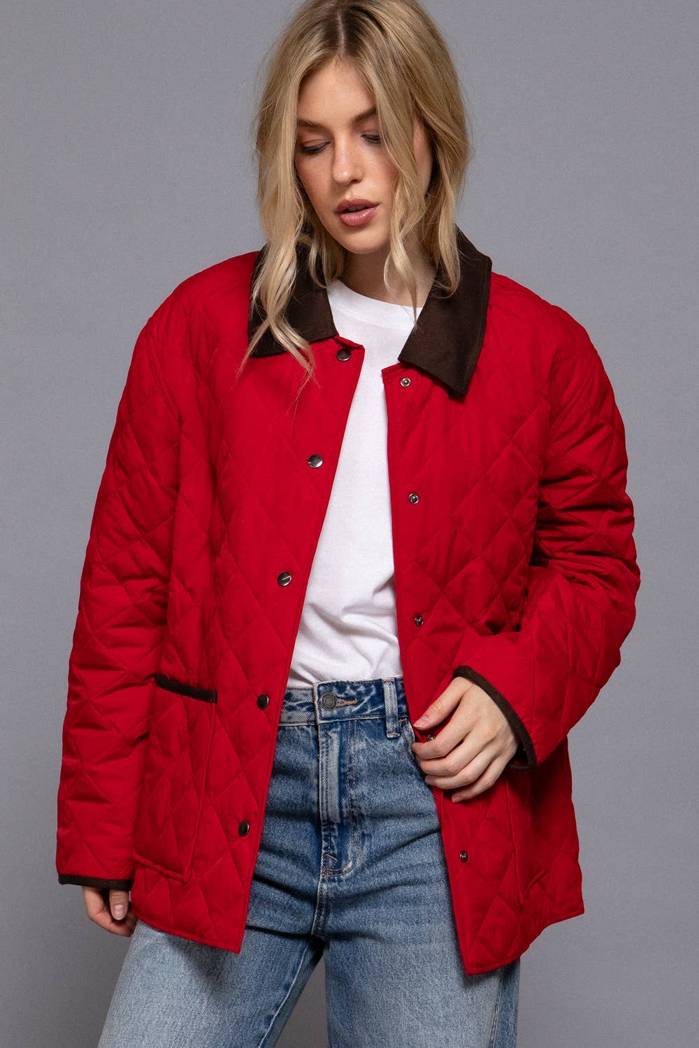 Long Sleeve Contrast Lapel Collar Quilted Puffer Work Jacket