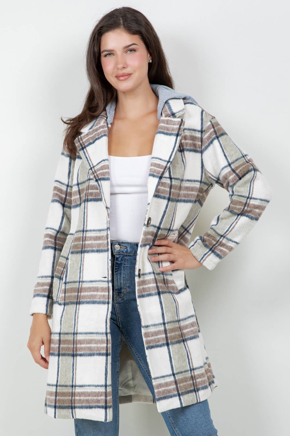 Veracci - Oversized Woolen Plaid Coat / Jacket with detachable Hood