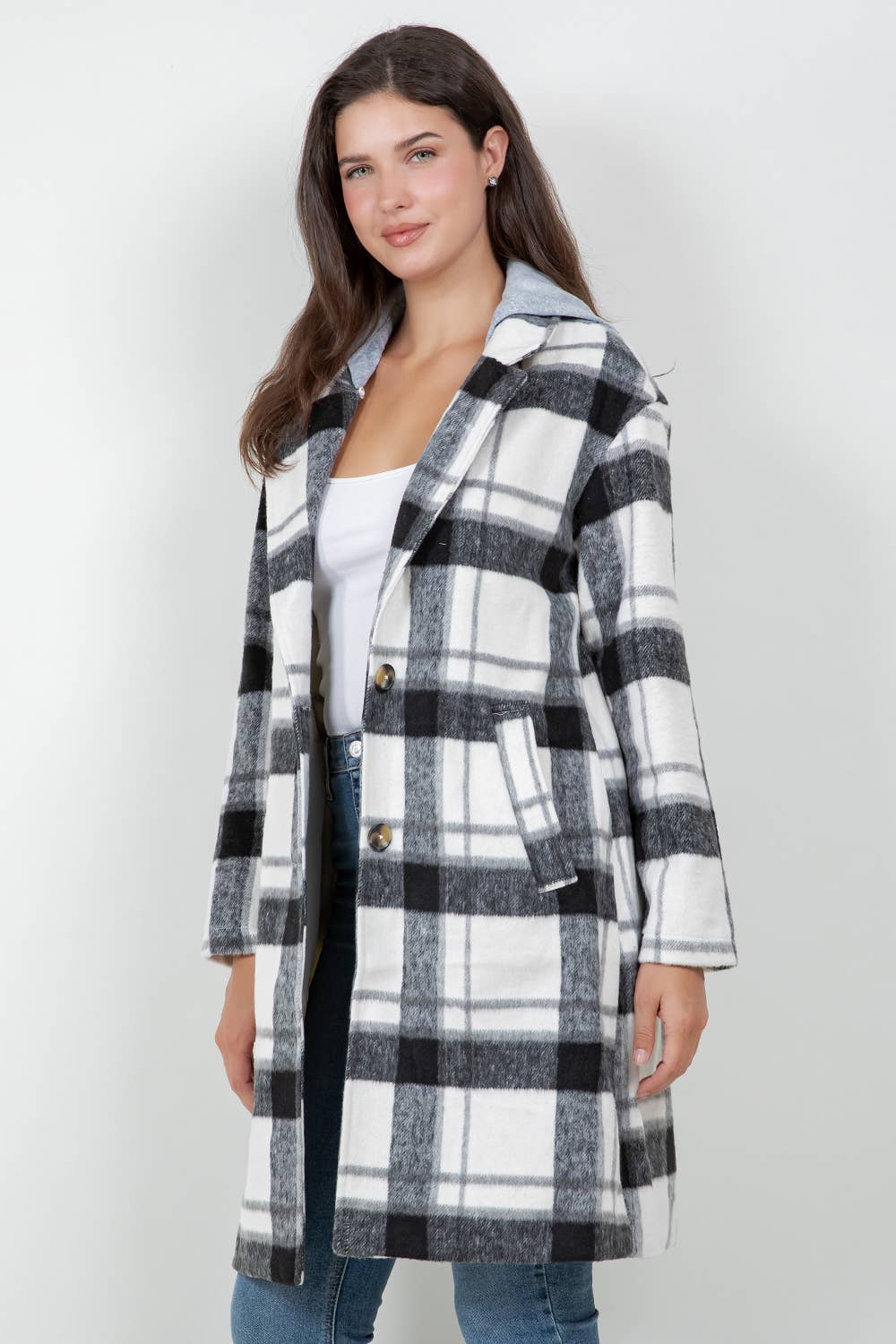 Veracci - Oversized Woolen Plaid Coat / Jacket with detachable Hood