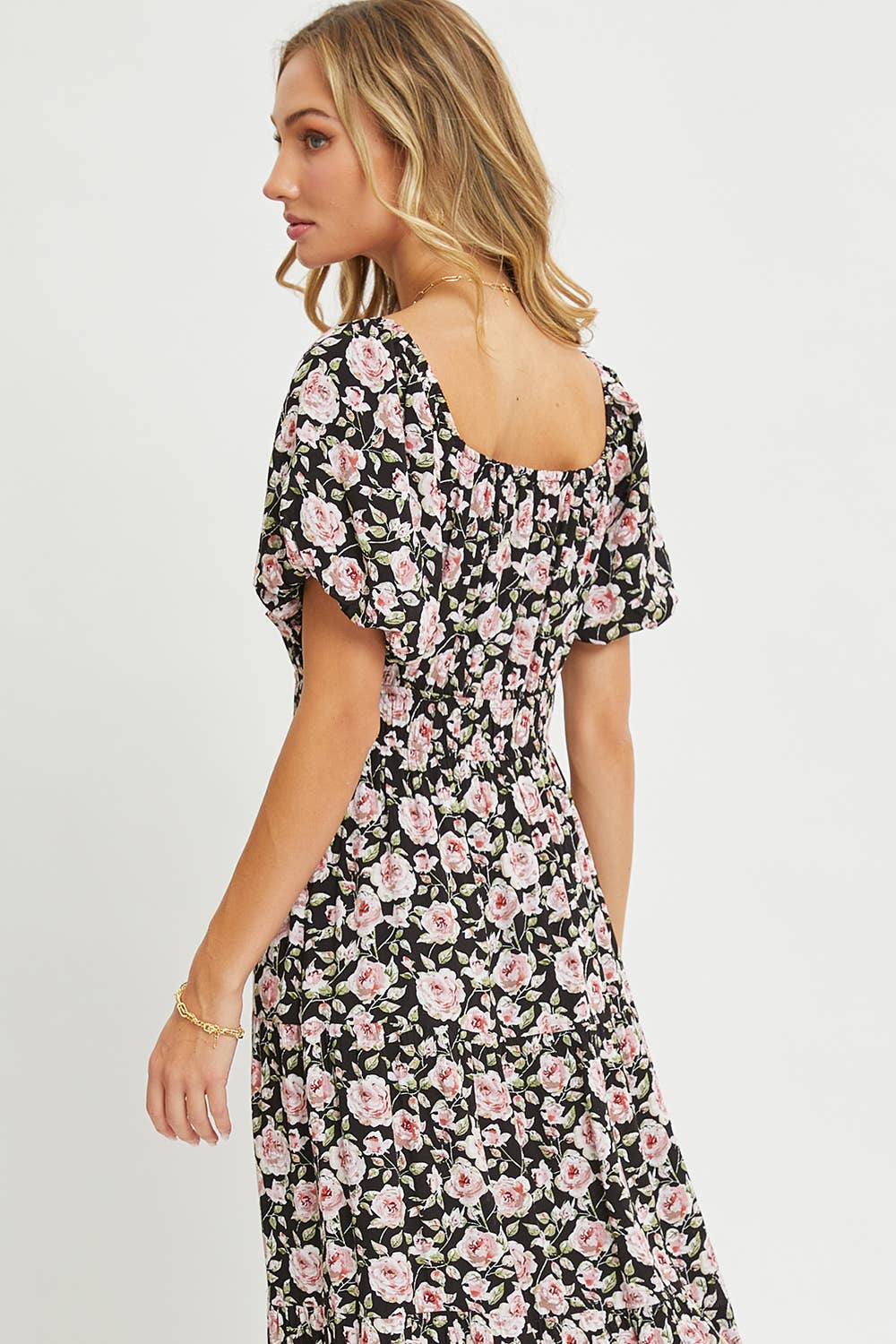 Sweet Lovely by Jen - ROMANTIC FLORAL ELASTIC WAIST MIDI DRESS