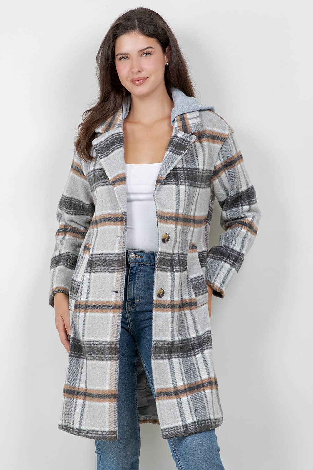 Veracci - Oversized Woolen Plaid Coat / Jacket with detachable Hood