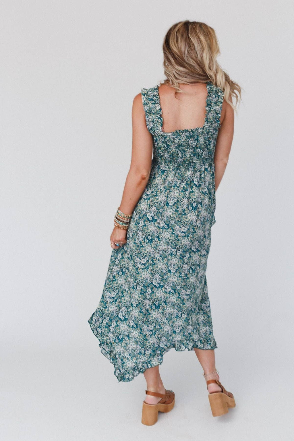 Three Bird Nest - Smitten Smocked Ruffle Maxi Dress - Green