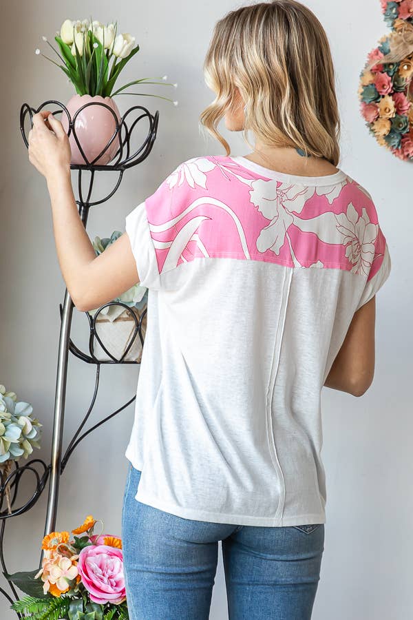 Floral Contrast Twist Banded Short Sleeve Top