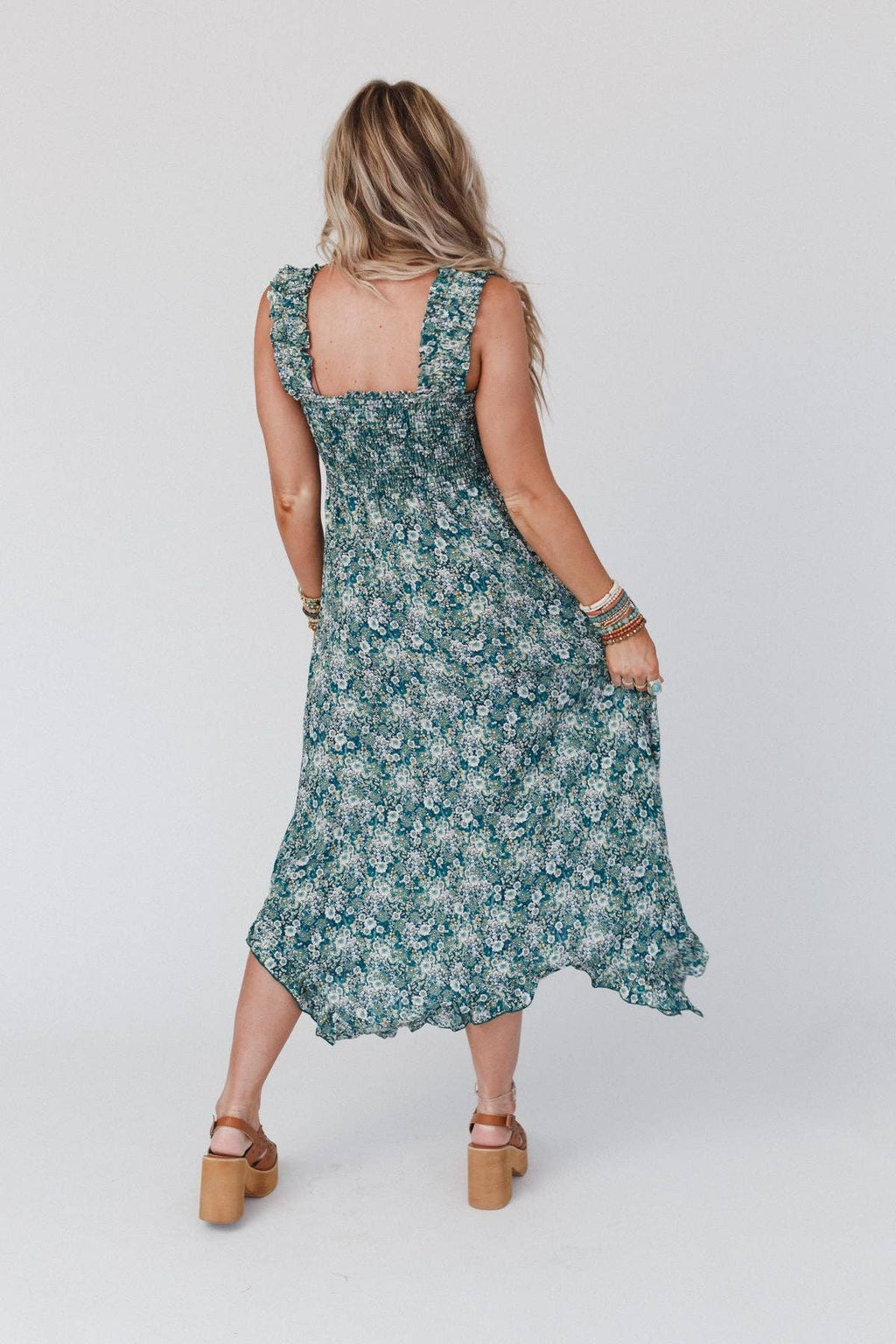 Three Bird Nest - Smitten Smocked Ruffle Maxi Dress - Green