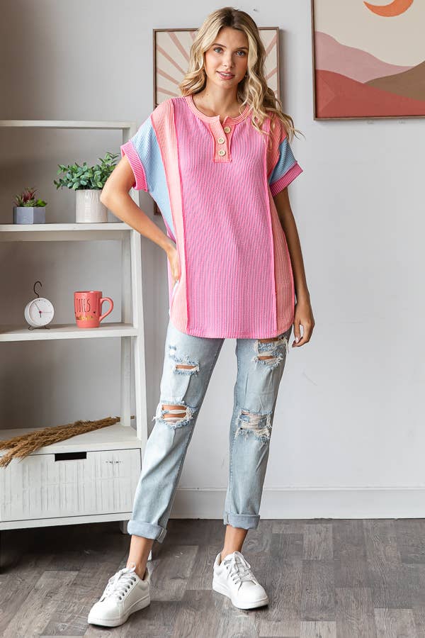 Women's Twist Rib Color Block Knit Top T5498
