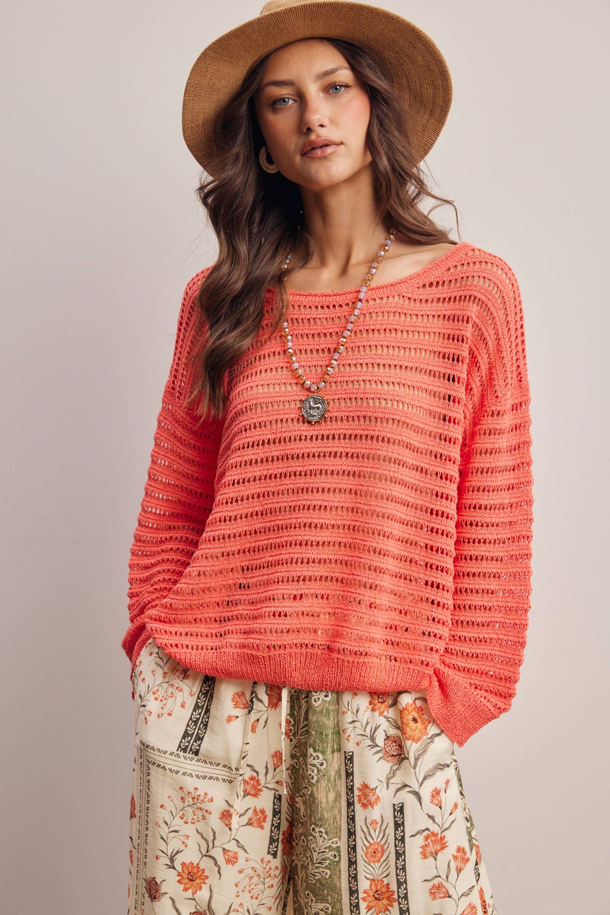 Forte - Open-Knit Stripe Sweater Top FSW0056