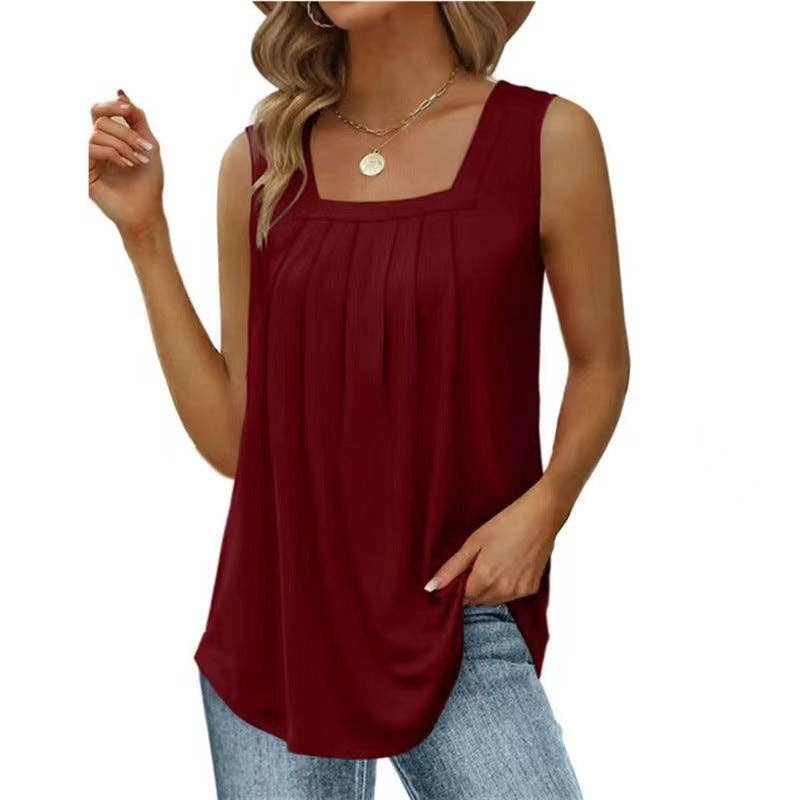 Suhkasana - Square Neck Pleated Sleeveless Flowy Tank Top