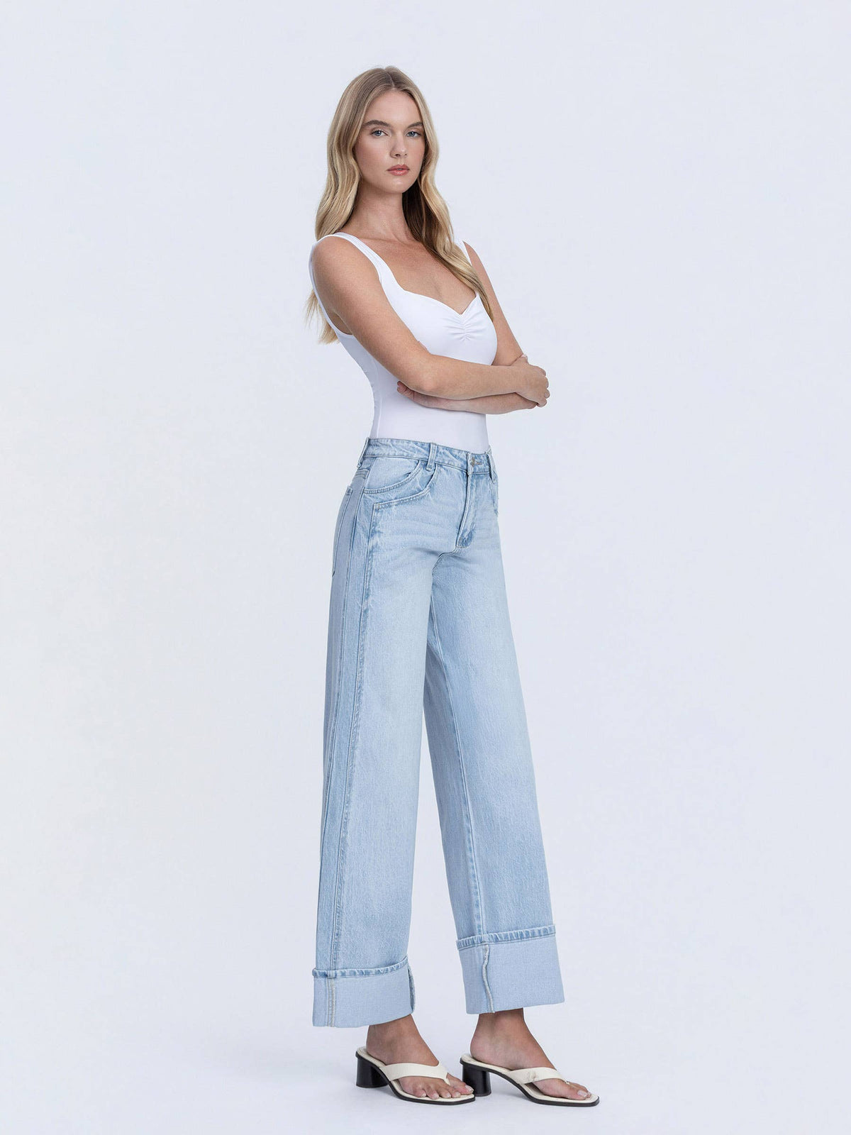 VERVET by FLYING MONKEY - SUPER HIGH RISE LIGHT WASH CUFFED BAGGY WIDE JEANS T6515